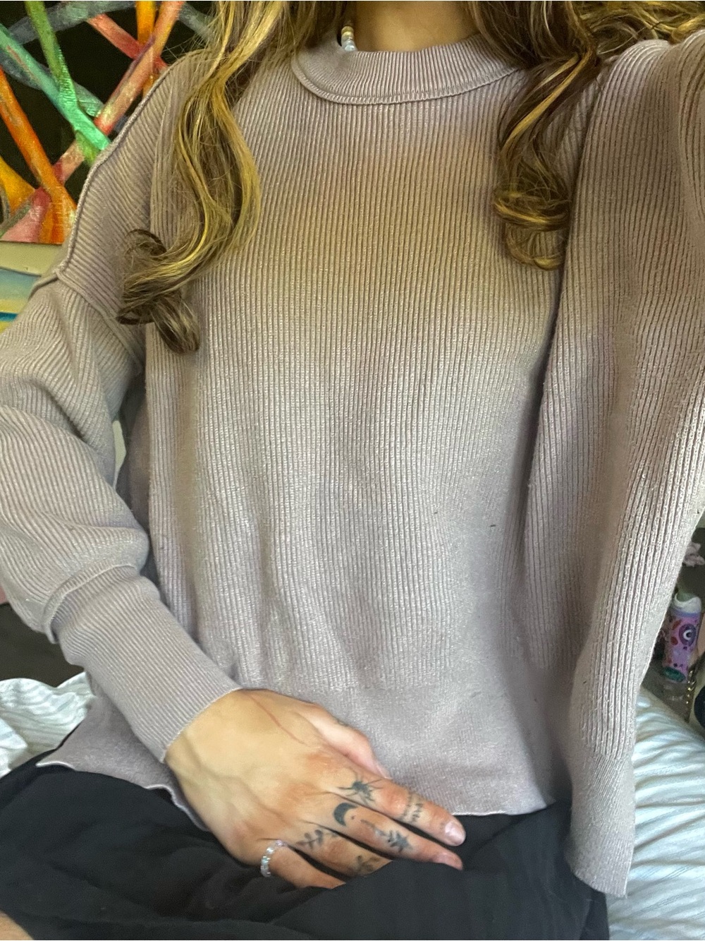 Womens Ribbed Crewneck Sweater in Mauve